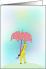 cute yellow giraffe, pink umbrella on pastel, star-studded blue background, blank note card