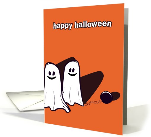 two cute halloween ghost on orange background card (689629)