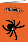 cute big halloween spider with spider’s web on orange card