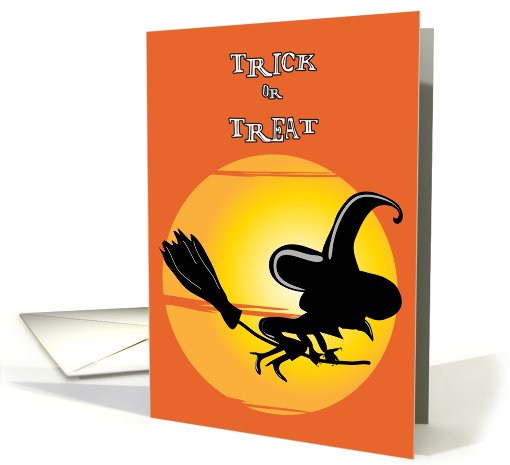 trick or treat halloween witch flying on a broom on moonlight card