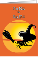 trick or treat halloween witch flying on a broom on moonlight card