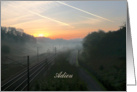 Adieu, French card, railroad at dawn in the mist card
