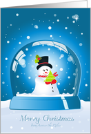 Merry Christmas across the Miles, cute snowman with christmas tree in blue snowglobe card