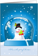 cute snowman holding a christmas tree in a blue snowglobe, believe in Christmas card