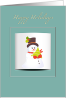 happy holidays, cute snowman holding a christmas tree on a blue frame card