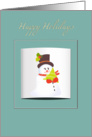 happy holidays, cute snowman holding a christmas tree on a blue frame card