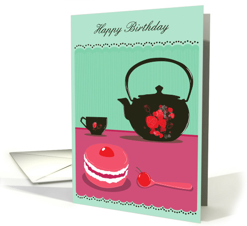 happy birthday decorated teapot and yummy little cake card (717986)