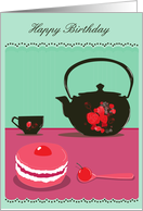 happy birthday decorated teapot and yummy little cake card