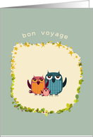 three cute owls on frame with stars and leafs, bon voyage in French card