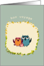 three cute owls on frame with stars and leafs, bon voyage in French card