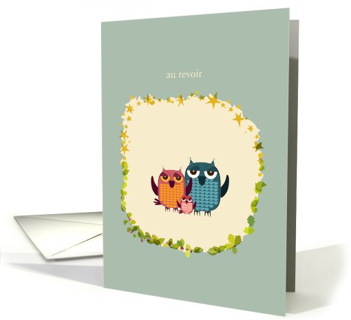 three cute owls on frame with stars and leafs, french au revoir card