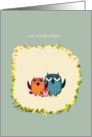 three cute owls on frame with stars and leafs, auf wiedersehen german card