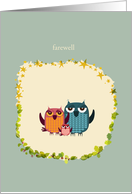 three cute owls on frame with stars and leafs, farewell card