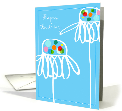 Happy birthday, whimsical flowers on blue card (808665)