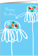 Happy birthday, whimsical flowers on blue card