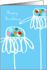 Happy birthday, whimsical flowers on blue card