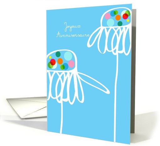 Joyeux anniversaire, whimsical flowers on blue card (808676)