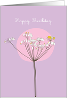 Happy Birthday botanical theme, flower on pink and purple card