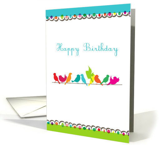 happy birthday, flock of colorful birds on a line card (814343)