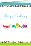happy birthday, flock of colorful birds on a line card