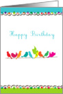 happy birthday, flock of colorful birds on a line card