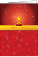 Diwaly greetings, lamp and flowers on red card