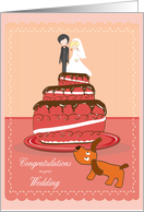 wedding congratulation from the dog, wedding couple on top of cake card
