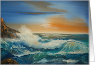 Surf crashing on rocks at sunset card