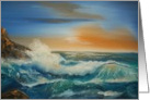 Surf crashing on rocks at sunset card