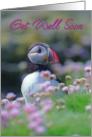 Get Well Soon, Puffin with flowers card