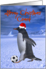 Merry Christmas, Coach. Soccer penguin with santa hat card