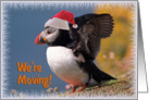 We are moving Christmas greeting card, puffin with Santa red hat going to fly card