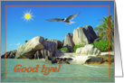 Good bye greeting card,Seychelles beach with bird and sun card