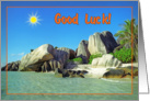 Good luck greeting card,Seychelles beach with bird and sun card