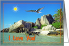 I love you greeting card,Seychelles beach with bird and sun card