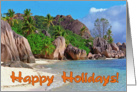 Happy holidays greeting card, Seychelles sand beach card