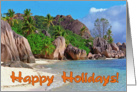 Happy holidays greeting card, Seychelles sand beach card