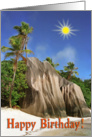 Happy Birthday greeting card, Seychelles beach with sun card