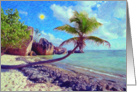 Seychelles beach greeting card, Paint beach with sun card