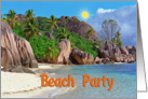 Beach Party greeting card, exotic sand beach with big stones card
