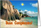 Happy Birthday Italian greeting card, Panorama Seychelles sand beach card