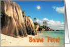 Happy Birthday French greeting card, Panorama Seychelles sand beach card