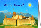 We’ve moved greeting card, paint old castle with sun on blue sky card