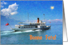 Happy birthday french language greeting card, old cruising ship card