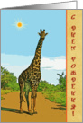 Happy Birthday russian greeting card,giraffe in savannah card