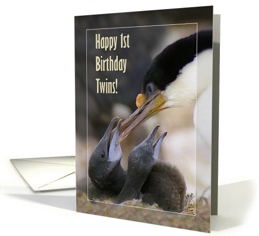 Happy 1st Birthday Twins , Blue-eyed Cormorant with two chicks card