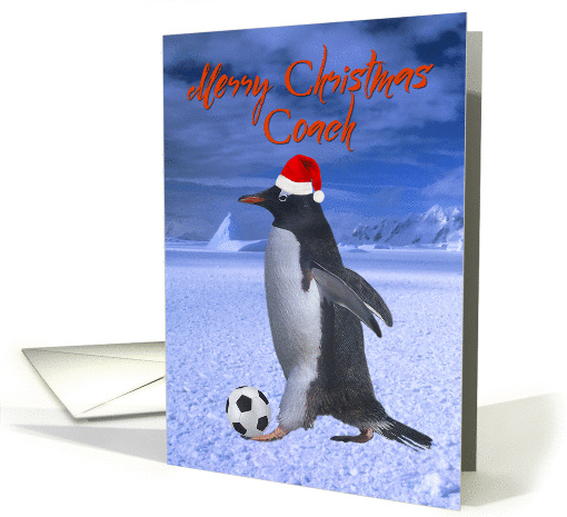 Merry Christmas, Coach. Soccer penguin with santa hat card (1366238)