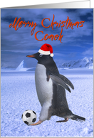 Merry Christmas, Coach. Soccer penguin with santa hat card