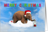 Merry Christmas, Elephant with Santa’s hat on the cloud card
