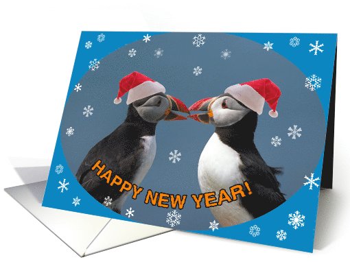 Happy New Year, Two pufiins Santa hats card (866567)